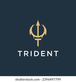 trident logo icon design template. letter t spear shaped luxury line logotype. isolated on blue background. vector illustration