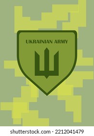 Protest auf dem Schild der ukrainischen Armee. Trident-Emblem. Symbol der Armee der Ukraine. Vektorbild. Teil der militärischen Kleidung. Kriegerschild. Militärische Insignien.