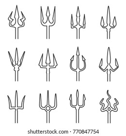 Trident outline icon set. 3-pronged spear, weapon from classical mythology, attribute of a sea god, Vector line art illustration isolated on white background