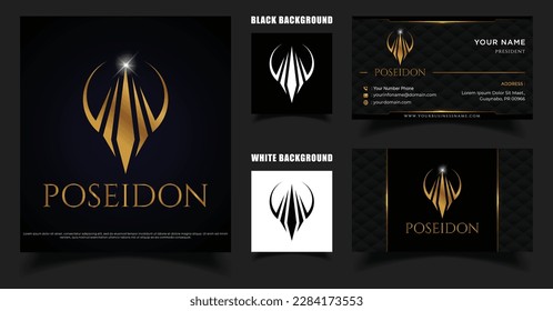 Trident Poseidon Logo. Simple and Luxurious Capital Group Company Logo Design With Business card design