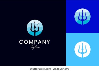 Trident with sea wave elements in circle shape flat logo vector design style