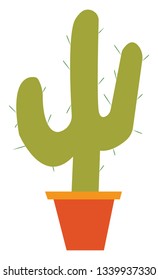 A trident shape green cactus plant is potted in a earthen pot vector color drawing or illustration 