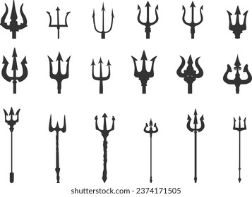 Trident silhouettes, Pitchfork silhouette, Trident icon set