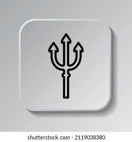 Trident simple icon. Flat desing. Black icon on square button with shadow. Grey background.ai