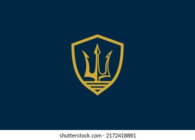 Trident Spear Logo Design Shield Golden Luxury King Poseidon Icon Symbol