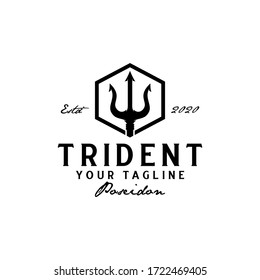Trident spear of poseidon with  hexagon frame retro hipster logo design