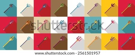Trident staffs icons set. Collection of trident icons in various colors and designs, symbolizing strength, mythology, and dominion
