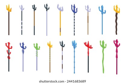Trident staffs icons set isometric vector. Neptune greek weapon. Crook tool