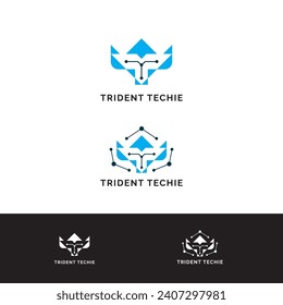 Trident Techie logo design with Poseidon Staff with dot connected icon logo design illustration