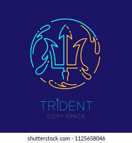 Trident And Water Splash Circle Frame Shape, Logo Icon Outline Stroke Set Dash Line Design Illustration Isolated On Dark Blue Background With Trident Text And Copy Space