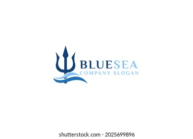 Trident With Wave Sea Vector Logo Design.