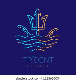 Trident, wave and water splash, logo icon outline stroke set dash line design illustration isolated on dark blue background with trident text and copy space