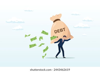 Tried businessman carrying big debt money bag losing money banknotes, debt burden, financial obligation or loan payment, heavy load of money failure, mortgage or borrowing money problem (Vector)