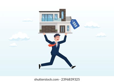 Tried depressed office worker man carrying house with expensive price tag, overpay in real estate and house mortgage, too much invest or expense to pay for debt and loan in economic crisis (Vector)