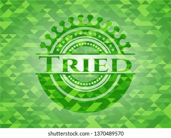Tried green emblem with mosaic ecological style background