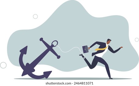 tried stress businessman trying hard to run forward with heavy anchor.flat vector illustration.