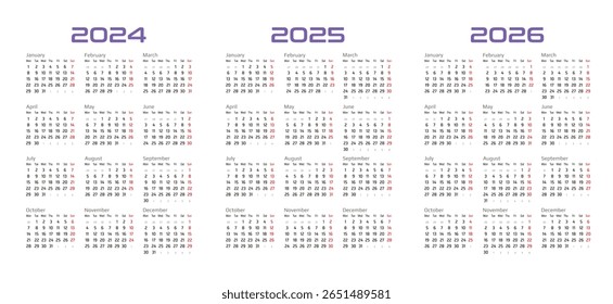 Triennial Calendar 2024, 2025 and 2026, First Day of Week on Monday. Vector illustration isolated on white background, eps