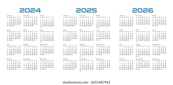 Calendário Trienal a partir de domingo, 2024, 2025 e 2026. Ilustração vetorial isolada no plano de fundo branco, eps