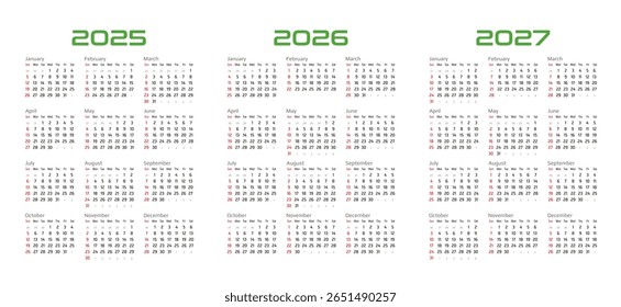 Calendário Trienal a partir de domingo, 2025, 2026 e 2027. Ilustração vetorial isolada no plano de fundo branco, eps