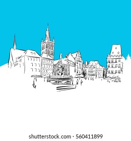 Trier Main Market, hand-drawn vector drawing, blue series