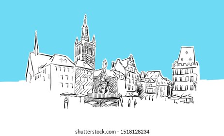 Trier Market Square Lineart Vector Sketch. and Drawn Illustration on blue background.