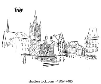 Trier Market Square Outline Sketch, Hand-drawn Vector Artwork