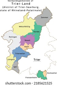 Trier-Land verbandsgemeinde map of Trier-Saarburg district Rhineland-Palatinate state in Germany. Vectored. Colors shamrock, concrete, polo blue, drover, orchid, silver, caramel