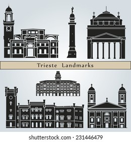 Trieste landmarks and monuments isolated on blue background in editable vector file