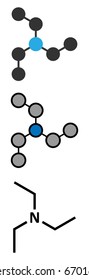 Triethylamine organic base molecule. Conventional skeletal formula and stylized representations.