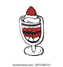 Trifle cake with strawberries. Vector hand drawn food illustration of British cuisine. Traditional English dessert. For restaurant, market, cafe, menu design, label.