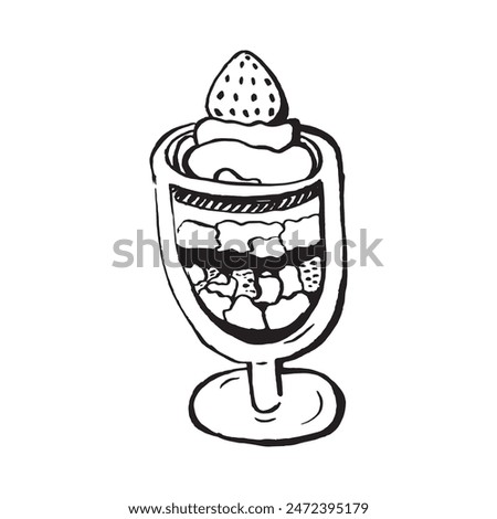 Trifle cake with strawberries. Vector hand drawn food illustration of British cuisine. Traditional English dessert. For restaurant, market, cafe, menu design, label.
