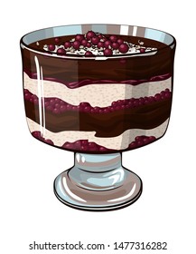 Trifle dessert with chocolate, jam, berries and biscuit in a glass.