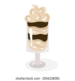 Trifle, a dessert laid out in layers in a glass glass, decorated with whipped cream. Cute, cozy vector illustration. For a holiday card, banner, menu, coffee shop flyer