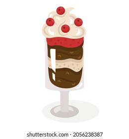 Trifle, a dessert laid out in layers in a glass glass, is decorated with whipped cream and red berries. Cute, cozy vector illustration. For a holiday card, banner, menu, coffee shop flyer