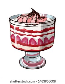 Trifle dessert with strawberries, whipped cream, chocolate, jam and biscuit in a glass.