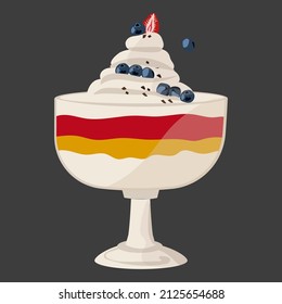 Trifle, an English dessert laid out in layers in a glass glass, decorated with whipped cream, strawberries and blueberries.