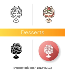 Trifle icon. Fruit dessert with whipped cream. Classic British cuisine. Traditional English dessert. European sweets. Linear black and RGB color styles. Isolated vector illustrations