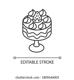 Trifle linear icon. Fruit dessert with whipped cream. English cuisine. European sweets. Thin line customizable illustration. Contour symbol. Vector isolated outline drawing. Editable stroke