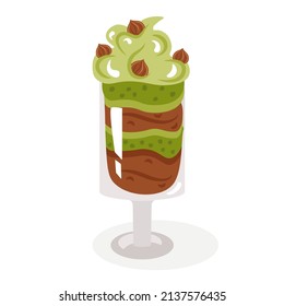 Trifle with matcha tea, dessert laid out in layers in a glass glass, decorated with whipped cream and nuts. Cute, cozy vector illustration. For a holiday card, banner, menu, coffee shop flyer.