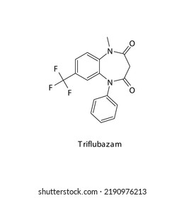 Triflubazam molecule flat skeletal structure, Benzodiazepine class drug used as Sedative, hypnotic agent. Vector illustration on white background.