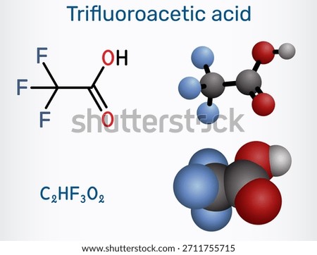 Trifluoroacetic acid, TFA molecule. strong halogenated organic acid and laboratory reagent. Chemical structure. Vector illustration