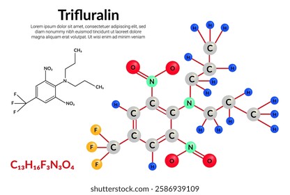 Trifluralin, selective herbicide, molecular structure formula, ball-and-stick model, suitable for education or chemistry science content. Vector illustration