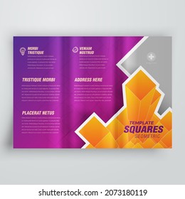 Tri-fold 3d flying Squares perspective cover design template geometric theme violet color, block for image