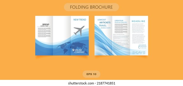Trifold airline brochure. Brochure design template tri-fold airplane flight takeoff blue white color travel transportation