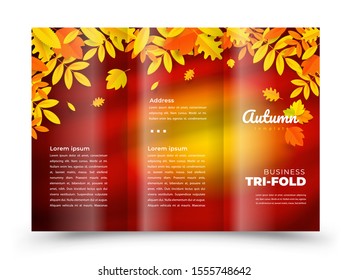 Tri-fold Autumn yellow foliage brown background. Cover design template Brochure leafage