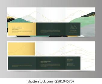 Tri-fold brochure with abstract golden line mountains, bicycle icon, and space for text. Elegant minimal design with hand-drawn textures, ideal for luxury events, outdoor themes, branding, invitations