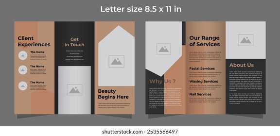 Trifold brochure for beauty care in Warm Beige and black colors