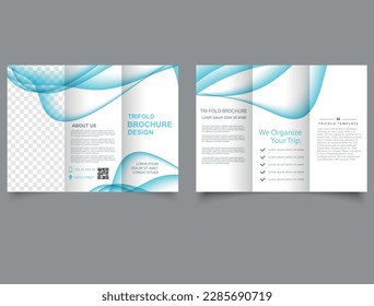 Folleto triplicado con ondas azules borrosas. Gráficos vectoriales. Folleto corporativo, diseño de plantillas triples