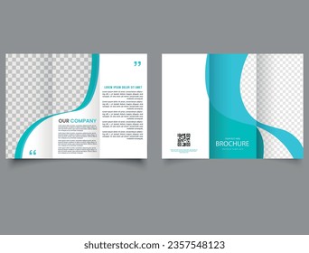 Trifold brochure with blue curved lines. Flyer with a place for a photo.