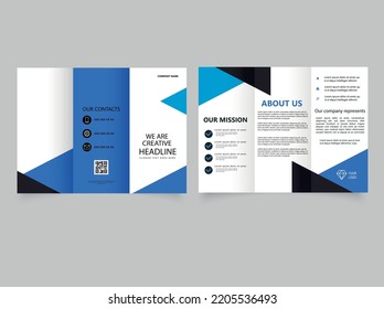 Folleto triple con triángulos azules. ... Concepto de diseño y folleto triple.